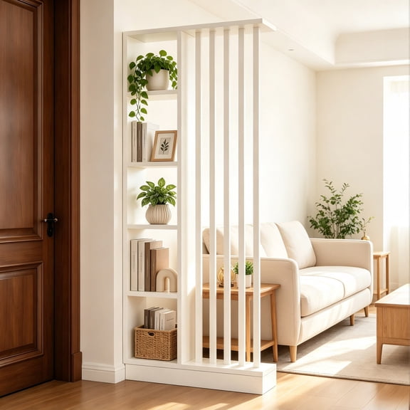 80.7" Freestanding White Room Divider with 5-Tier Storage Shelves, Slatted Partition Bookcase & Privacy Screen for Living Room Entryway Bedroom