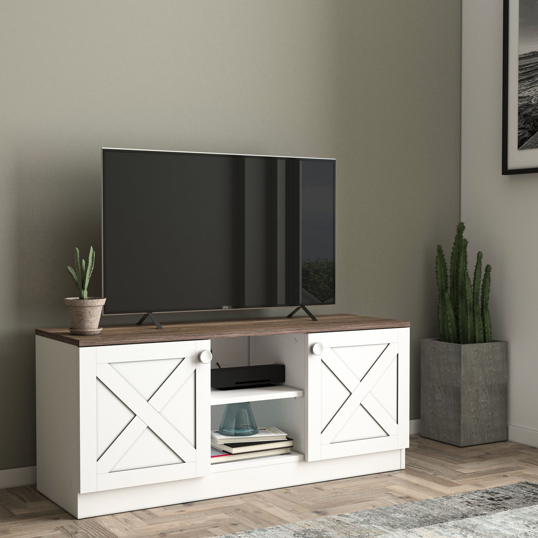 80 - 89 Inches Tv Stand With Wood Base And 2 Cupboards, White, Vintage ...