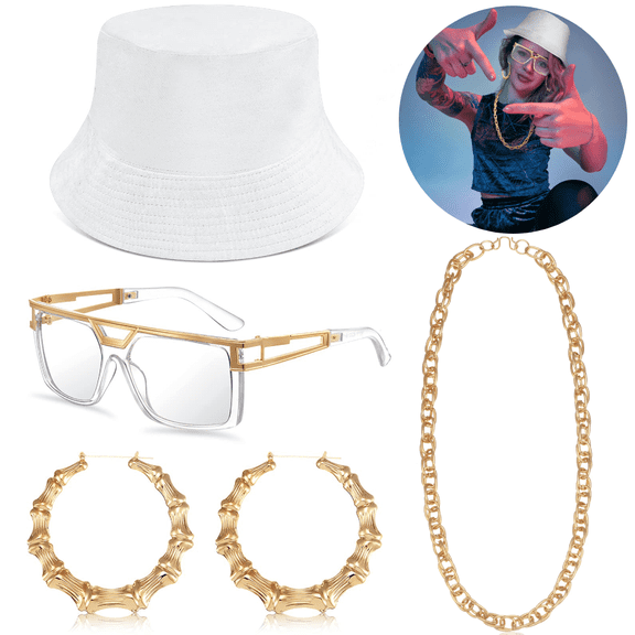 80 90s Outfit Accessories for Men, Hip Hop Rapper Costume Set, Gold Chain Necklace Hip Hop Rapper Hat Cap Costume Jewelry