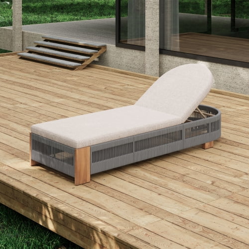 80" Acacia Wood Chaise Lounge Chair Outdoor, Modern Lazy Chair With Cushion, Sleeper Couch With Adjustable Backrest for Yard Beach Poolside, Grey,Teak