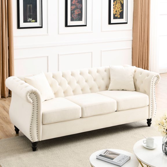 80" In Beige Velvet. 3 Seater With Cushions & Nailhead. Rolled Arms, Frame. Foam For Comfort. Bedroom, Office, Living Room. 250lbs Load Capacity. Assembly Required Velvet Nailhead Trim. Soft Foam, 2