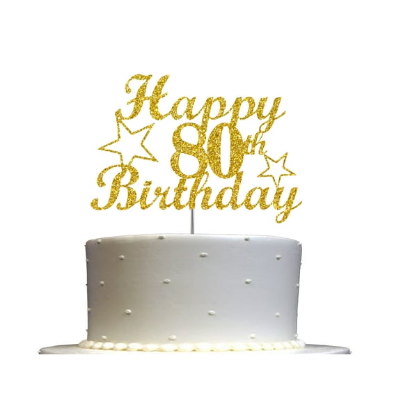 80 Birthday Cake Topper Gold Glitter, 80th Party Decoration Ideas, Sturdy Doubled Sided Glitter, Acrylic Stick. Made in USA