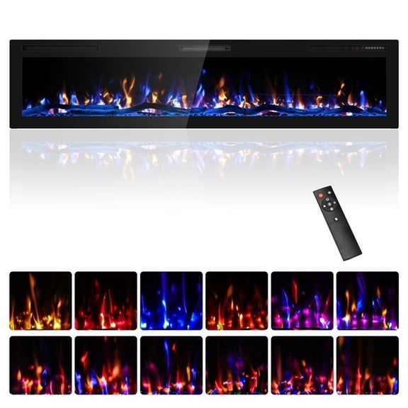80" Black Ultra-Thin Recessed Electric Fireplace with 3D HD Flames & Remote