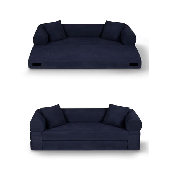 80"Boneless Multi-Function Foldable Sofa Couch Compressed with 2 Pillows, 2 in 1 Corduroy Convertible Pull Out Sofa Couch Bed Folding Sleeper for Living Room, No Assembly Required,Dark Blue