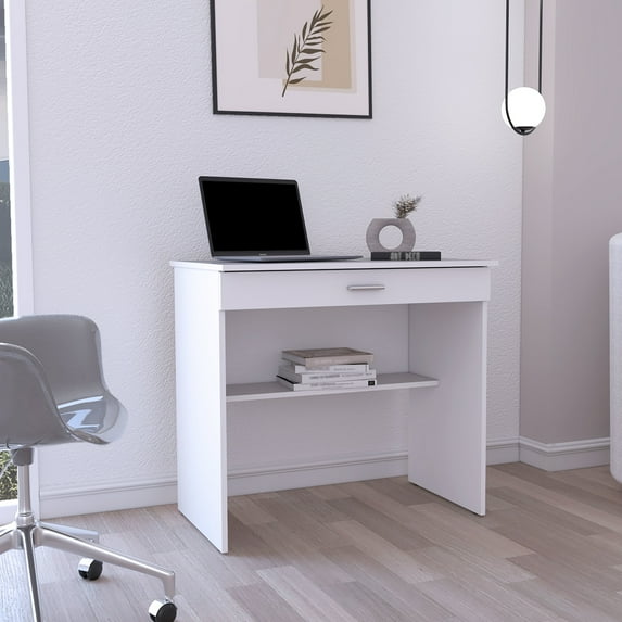 80 C Writting Desk, Modern White Desk With Drawer And Lower Shelf Utilization Rectangular In Additional