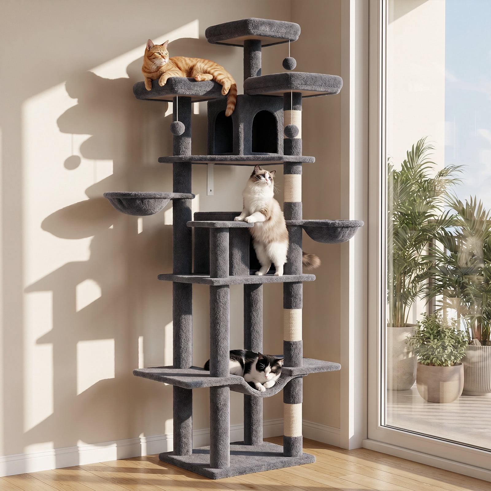 80" Cat Tree Tower, Big Cat Tower for Multiple Adult Cats, Multi-Level Tall Cat Tree with 3 Platforms, 2 Condos, 2 Hanging Basket, Hammock and Scratching Frame for Indoor Kitties, Dark Grey