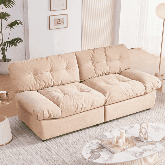 Weture Chenille Cloud Adult Loveseat with Solid Wood Frame and Pillow-Designed Armrest, Khaki