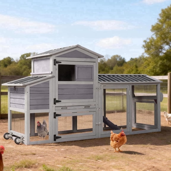Aivituvin 83" Large Chicken Coop for 4-6 Chickens, Mobile Hen House Outdoor Wooden Poultry Cage with Wheels Nesting Box Run
