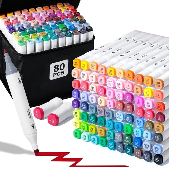 80 Colors Alcohol Markers Dual Tip Art Markers, Brush & Fine Point Pens, Smooth Ink, Safe Non-Toxic for Coloring Drawing Sketching