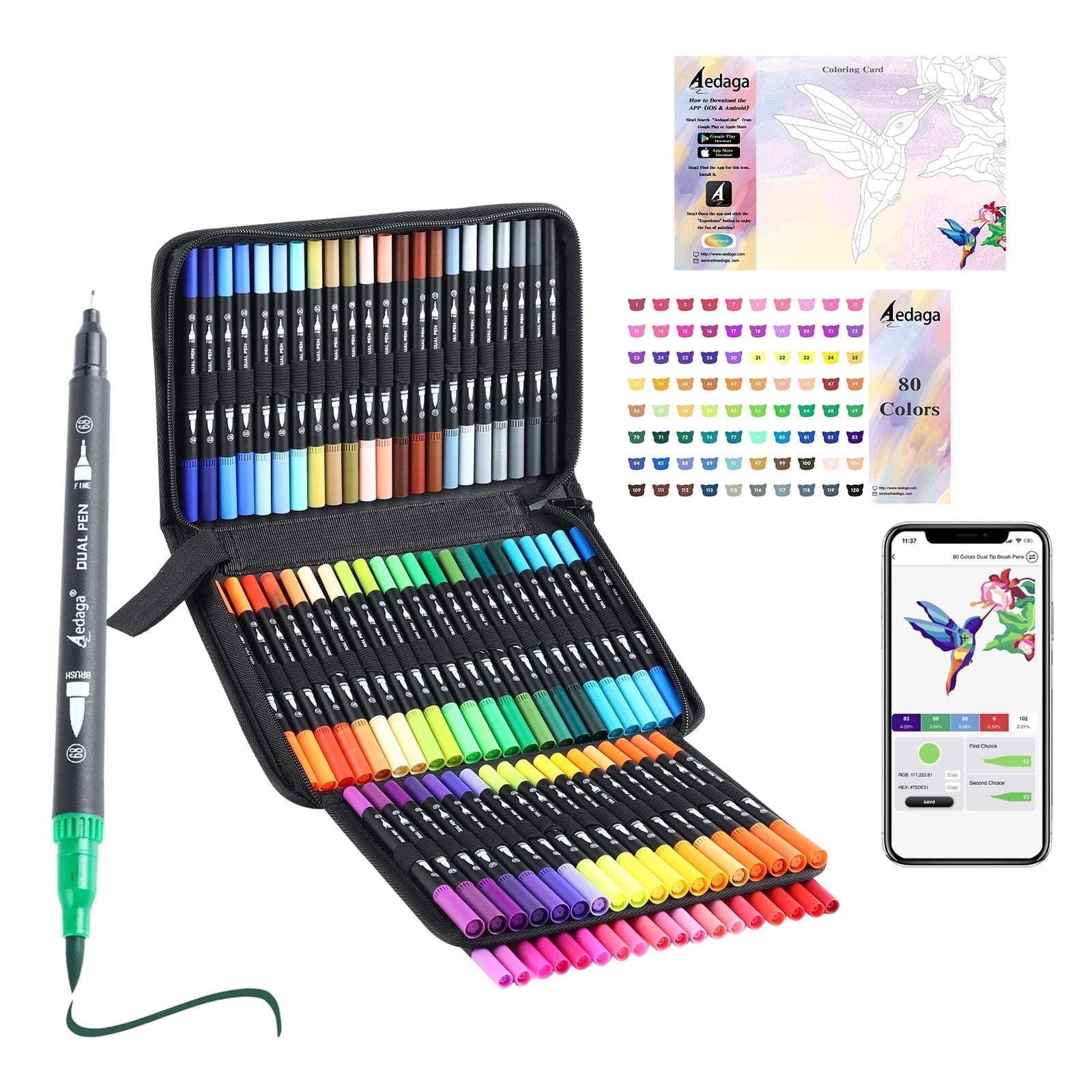 AEDAGA Dual Brush Markers, Fine and Brush Tips, Numbered Pens with App, 80 Count