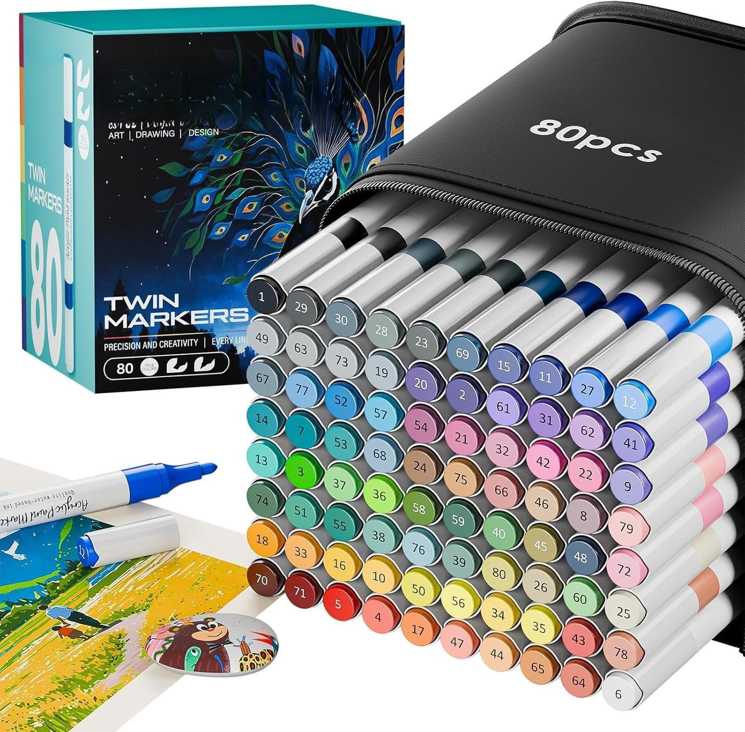 80 Colors Dual Tip   Markers, Fabric Markers, Brush Tip Permanent   Pens for , Glass, Rocks, Paper, Coloring book,Ceramic,DIY Crafts for Adults