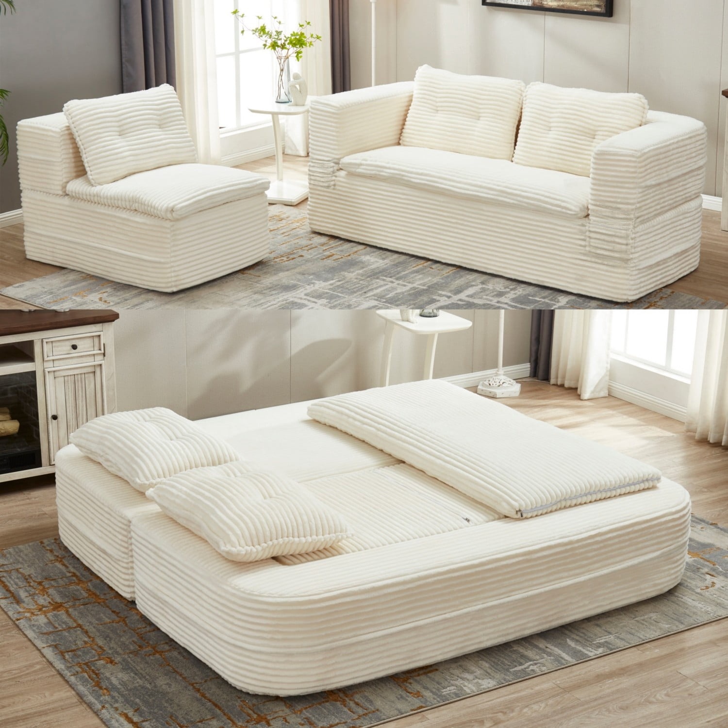 80" Convertible Sectional Sofa Bed with Independent Chaise Lounge, Corduroy Deep Seat Couch, King Size Floor Sleeper Sofa with Convertible Blanket, Beige