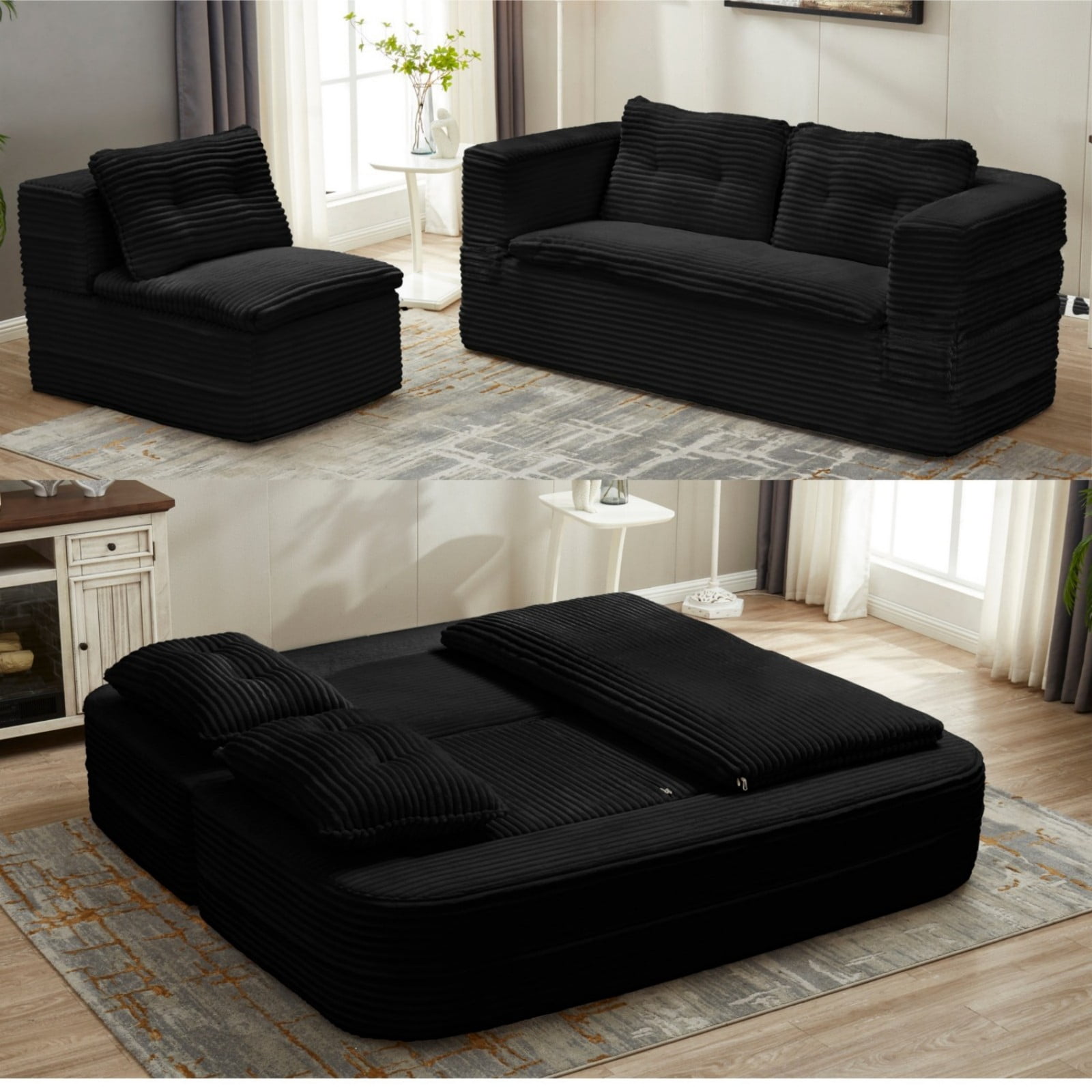 80" Convertible Sectional Sofa Bed with Independent Chaise Lounge, Corduroy Deep Seat Couch, King Size Floor Sleeper Sofa with Convertible Blanket, Black