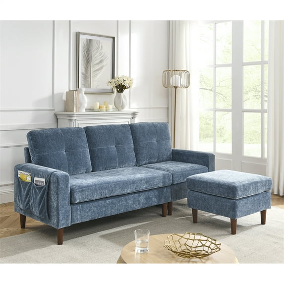 80" Convertible Sectional Sofa Couch, 3 Seats L-shape Sofa with Removable Cushions and Pocket, Comfy Chenille Sofa with Rubber Wood Legs for Living Room and Bedroom, Weight Capacity 750 LBS, Navy Blue