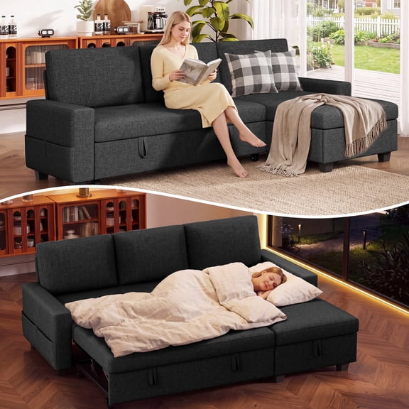 Asofer 80'' Sleeper Sofa Bed with Storage, Convertible Pull Out Couch Futon for Living Room, Apartment, 3-Seater L Shaped Sectional Sofa Pull-Out Bed, Black