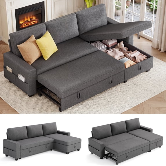 80" Convertible Sleeper Sofa with Pull Out Bed, Lofka L-Shaped Sectional Couch with Storage Chaise, Linen Fabric Sofa for Living Room, Apartment,Dark Grey