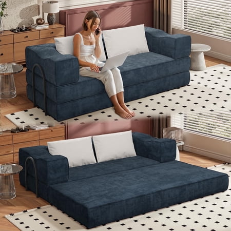 CAPCAEK 80" Convertible Sofa Bed, Chenille Foldable Sleeper Loveseat with Memory Foam and 2 Pillows, Blue