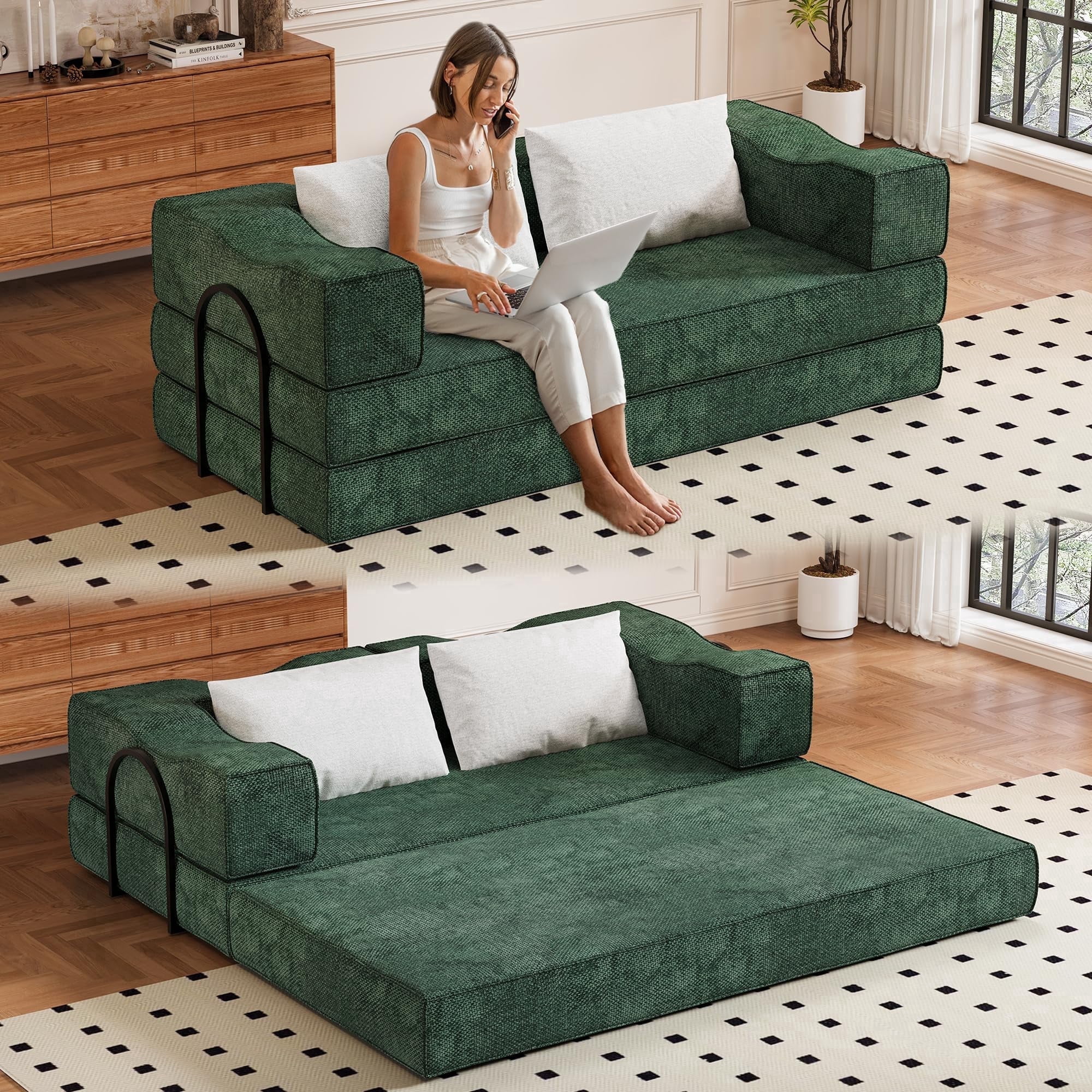 CAPCAEK 80" Convertible Sofa Bed, Chenille Foldable Sleeper Loveseat with Memory Foam and 2 Pillows, Green