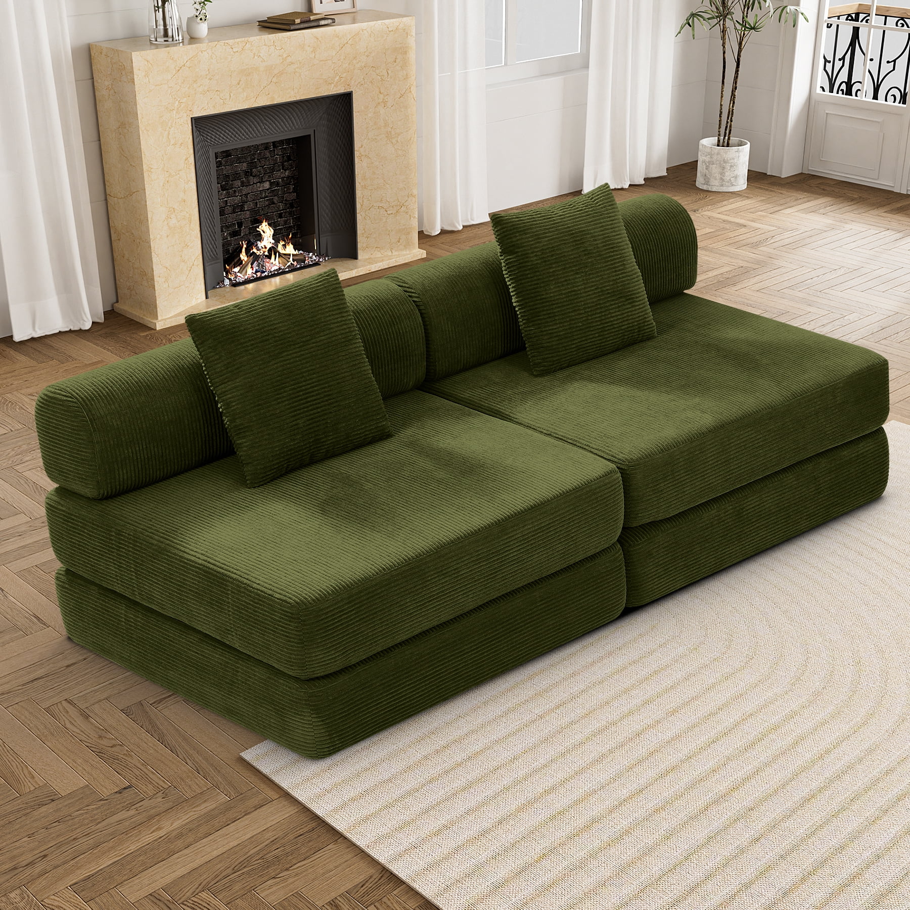 80" Corduroy Convertible Sleeper Sofa Bed, 3 Seater Futon Couch with ...