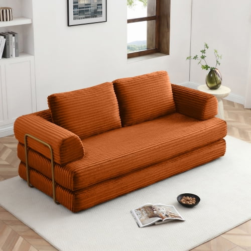 80" Corduroy Deep Seat Sofa Bed, Compressed Pull-Out Sofa Bed with High-resilience Foam, Luxury Pull-Out Sofa Bed with Ergonomic Design for Living Rooms, Orange