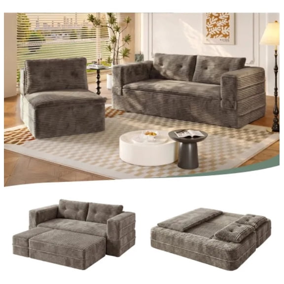 80'' Corduroy Modular Sectional Couch with Ottoman, 80" Convertible Sleeper Sofa Bed, L-Shaped Folding Floor Couch, Boneless Couches for Living Room Furniture Set, Gray