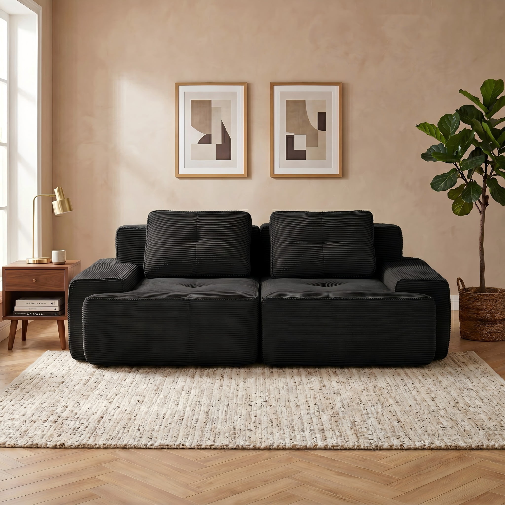 80" Corduroy Modular Sectional Sofa, 2-Seater Tufted Deep Seat Couch, Pet-Friendly Couch, No Assembly, Black