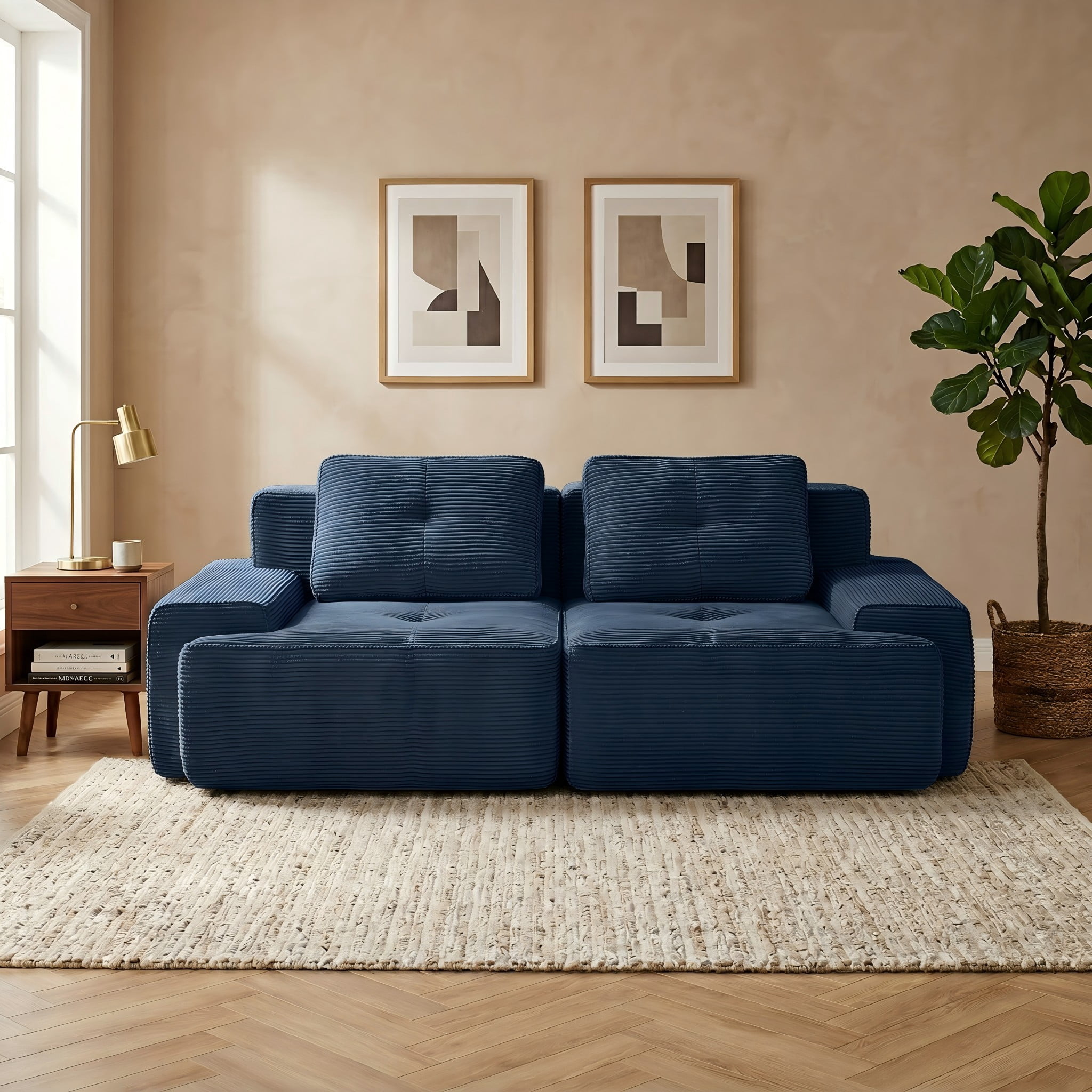 80" Corduroy Modular Sectional Sofa, 2-Seater Tufted Deep Seat Couch, Pet-Friendly Couch, No Assembly, Blue