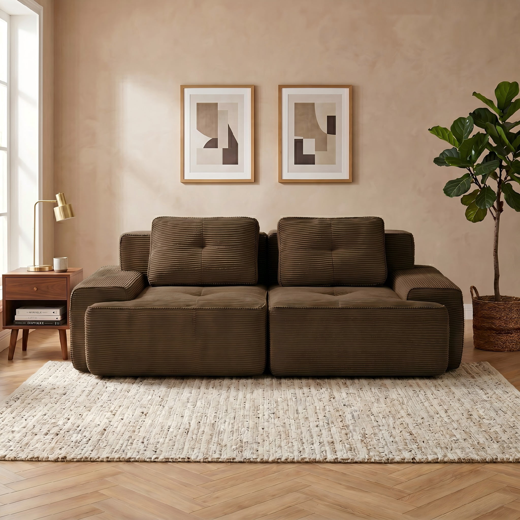80" Corduroy Modular Sectional Sofa, 2-Seater Tufted Deep Seat Couch, Pet-Friendly Couch, No Assembly, Brown