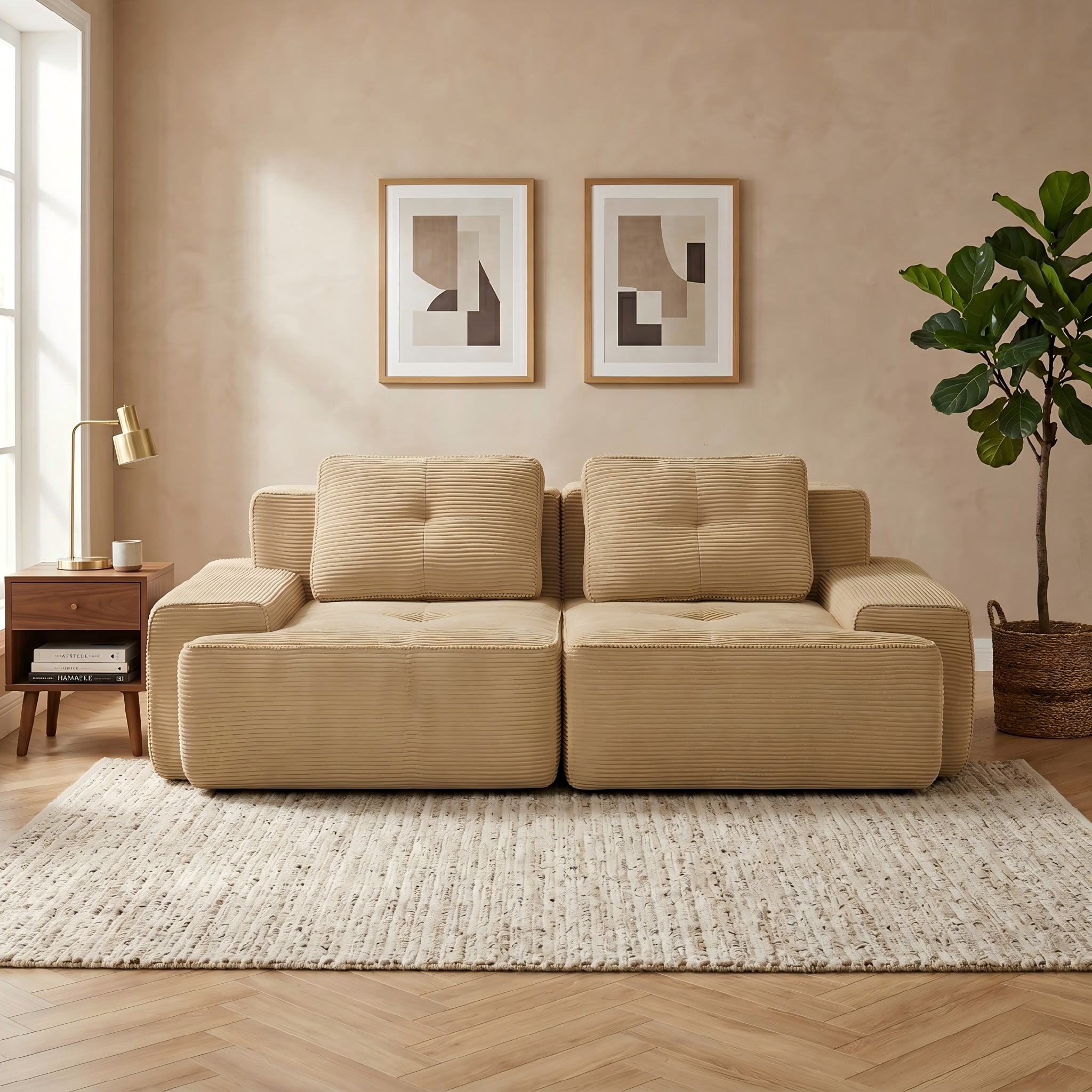 80" Corduroy Modular Sectional Sofa, 2-Seater Tufted Deep Seat Couch, Pet-Friendly Couch, No Assembly, Camel