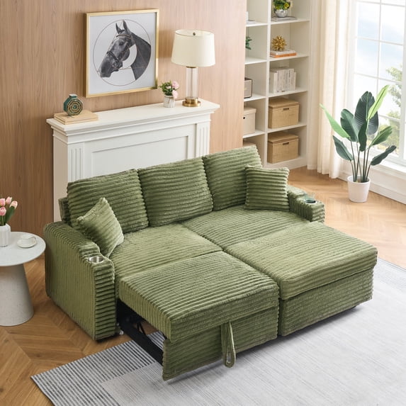 80" Corduroy Multi-Function Sofa with Hidden Reclining & Space-Saving Design, Armrest Cup Holders, Removable Chaise Lounge Footstool, Green