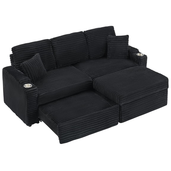 80" Corduroy Multi-Function Sofa with Hidden Reclining, Space Saving Design, Armrests, Cup Holders and Removable Footstool (Black)