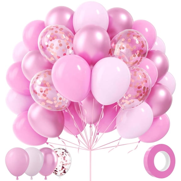 80 Count 12 Inch Pink Latex Balloons, Metallic Matte Confetti Balloons for Princess Birthday, Shower Wedding Party Decor, Pink
