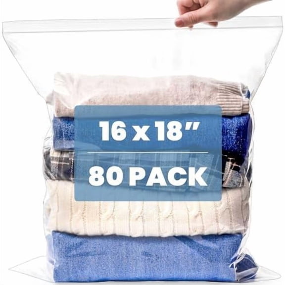 80 Count 16" x 18" Reclosable Plastic Bags, 3.5 Gallon Large Resealable Clear Plastic Bag for Storage, Heavy-Duty Zip Storage Bags for Clothes, Travel, Food