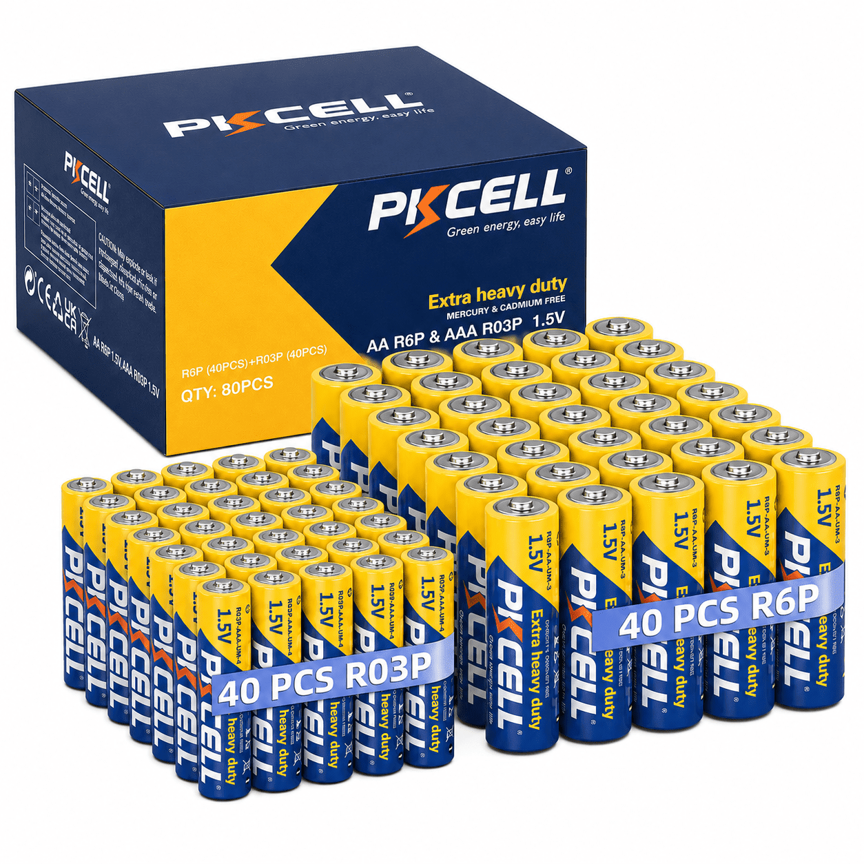 PKCELL 1.5V Carbon Zinc AA & AAA Batteries (40 Double A + 40 Triple A), 80-Count Value Pack for Household Devices
