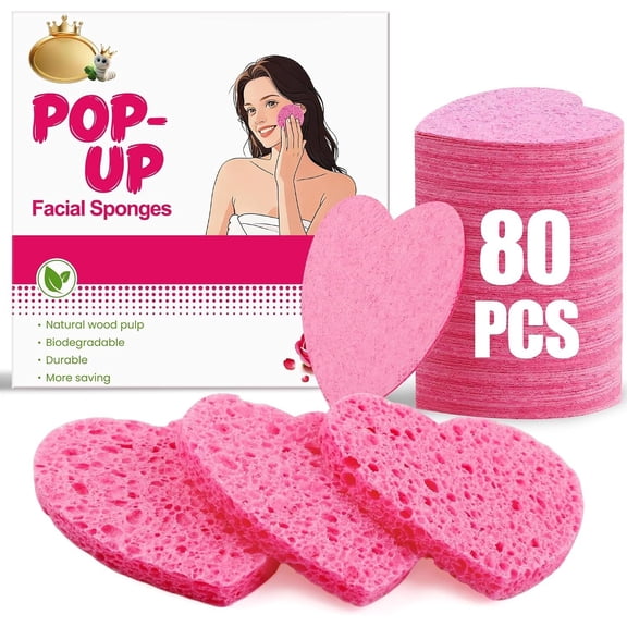 80-Count Compressed Cellulose Heart Shape Facial Sponges -    Sponges for Gentle Facial Cleansing, , Makeup Remover & Mask Application,  Travel Size