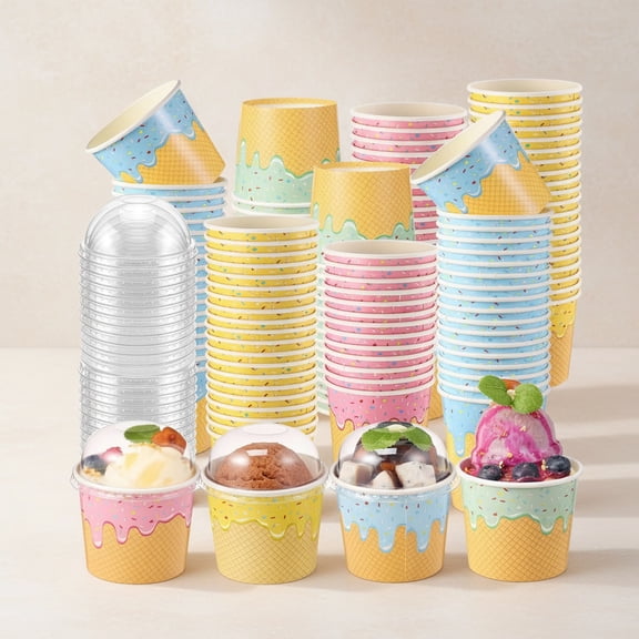 80 Count Paper Ice Cream Cups with Clear Dome Lids Disposable Dessert Cups Bulk Dessert Bowls Sundae Containers for Snack Yogurt Soup Ice Cream Party Supplies