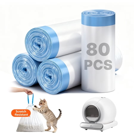 80 Counts Cat Litter Box Liners, Compatible with Automatic Self-Cleaning Litter Boxes, Thick Drawstring BagsThick Heavy Duty Cat Litter Bags Replacement
