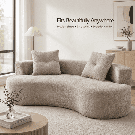 80" Curved 3-Seater Compressed Sofa with 2 Pillows, No Assembly Boucle Couch, Deep Seat Upholstered Floor Sofa for Living Room, Bedroom, Apartment, Camel