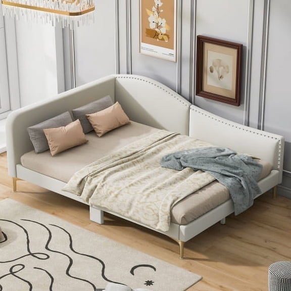 80" Daybed Sofa Bed, Pull Out Trundle Daybed, Convertible Daybed with Sturdy Fabric Upholstered Linen Modern Twin Over Twin for Family Rooms Spare Rooms Offices, Beige