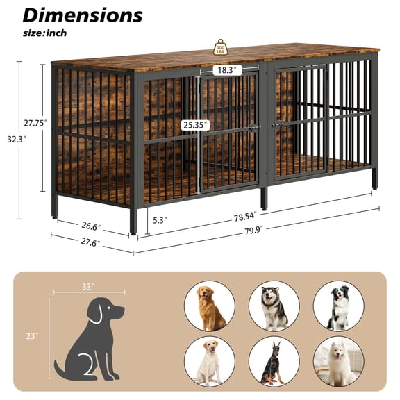 80" Dog Crate End Table, Heavy Duty 2-Door Indoor Pet Kennel, Multipurpose Dog House Furniture as TV Stand or Side Table for Living Room, Large & Medium Dogs.(Rustic Brown)