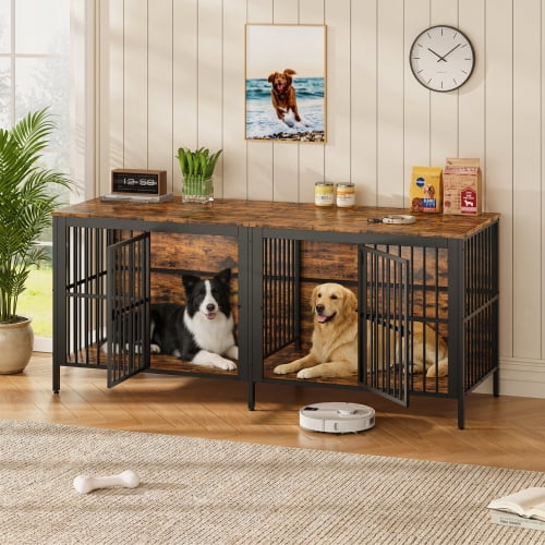 80" Dog Crate End Table, Heavy-Duty 2-Door Indoor Pet Kennel, Rustic Brown TV Stand & Side Table for Large and Medium Dogs, Rustic Brown