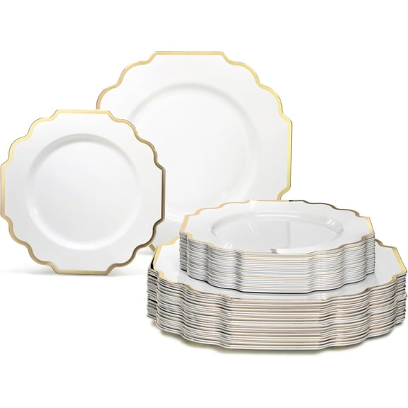 80 Fancy Gold Plastic Plates for 40 Guests, Scalloped Heavy Duty Disposable Dinner and Dessert Plates, 10.5 Inch and 8 Inch, Imperial White and Gold