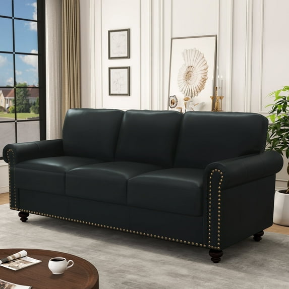 80'' Faux Leather Sofa with Storage Seats, Classic 3-Seater Couch with Nailhead Trim, Easy Assembly (Black)