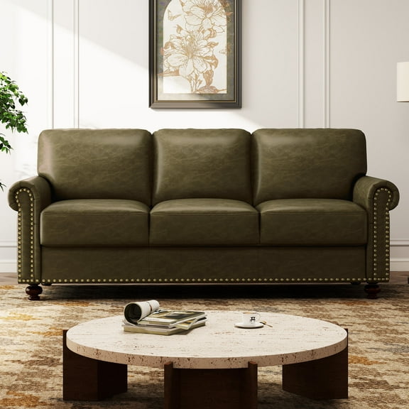 80'' Faux Leather Sofa with Storage Seats, Classic 3-Seater Couch with Nailhead Trim, Easy Assembly (Green)