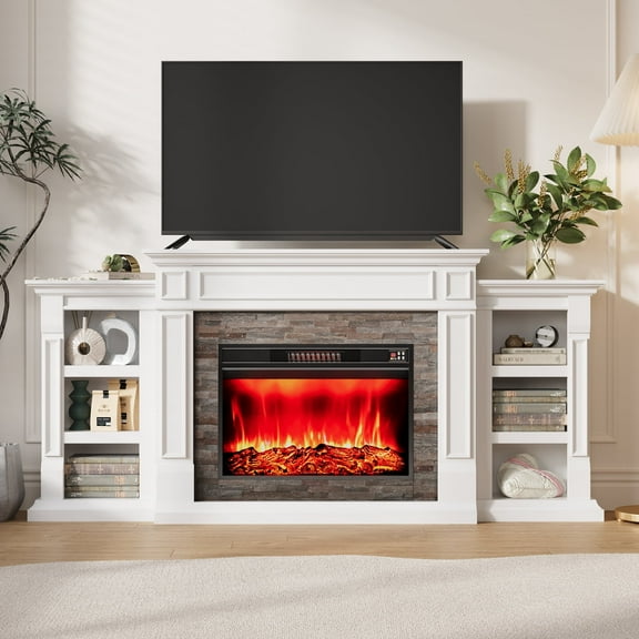 80" Fireplace Mantel with 30" Electric Fireplace and Bookshelves, Wooden Storage Freestanding Heater with Remote Control,White