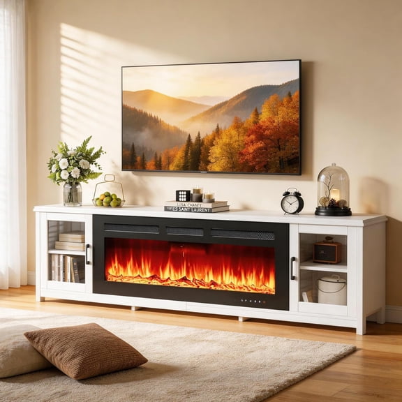 80" Fireplace TV Stand, 50 Inch Smart Fireplace & Modern Entertainment Center, Fire Place TV Console with WI-FI Enabled for TVs Up to 90", TV Stands for Living Room, White