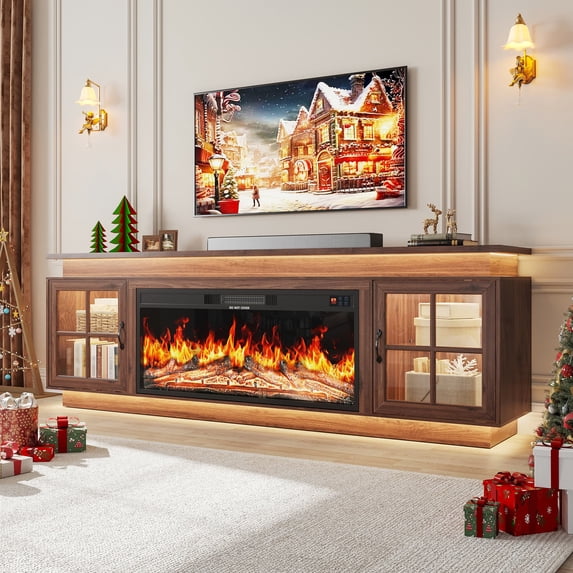 80" Fireplace TV Stand for 85" 90" TVs with 4-Zone LED Lights, Charging Station, Glass Door Cabinets, Modern Wood Entertainment Center with 40" Electric Fireplace