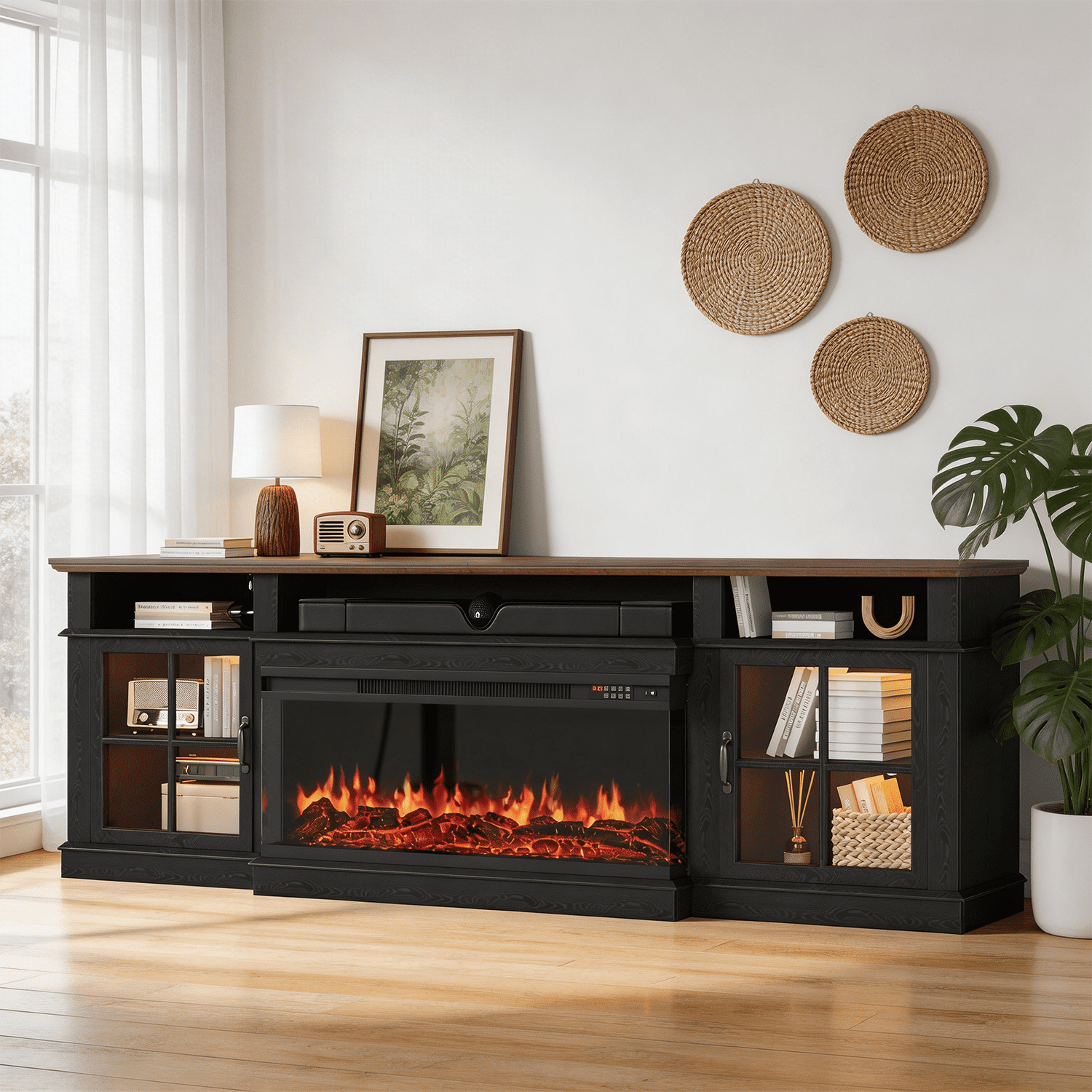 BaPiPro 80" Farmhouse Fireplace TV Stand for TVs Up to 90", Entertainment Center with 3-Sided 36" Electric Fireplace & LED Lights, 2 Drawers & 2 Storage Cabinet, Black