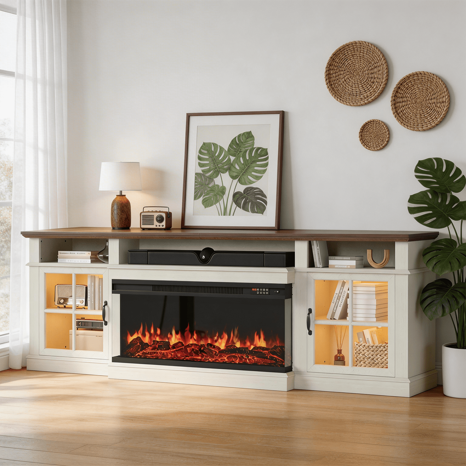 BaPiPro 80" Farmhouse Fireplace TV Stand for TVs Up to 90", Entertainment Center with 3-Sided 36" Electric Fireplace & LED Lights, 2 Drawers & 2 Storage Cabinet, White