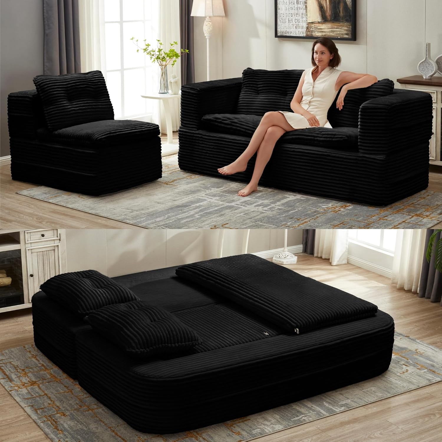 80" Folding Sofa Bed King Sleeper Sofa with Chaise Lounge, 2-in-1 Convertible Corduroy Boneless Couch with Blanket, Modern Loveseat Couches for Living Room, No Assembly Couch, Black